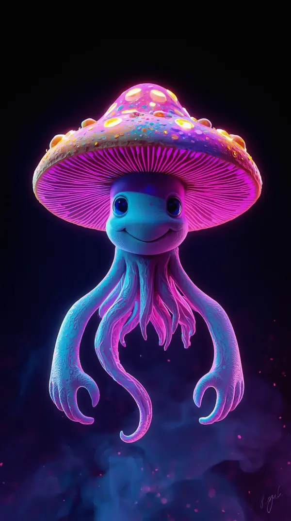3D Wallpaper Phone — Neon Glowing Cute Mushroom Character