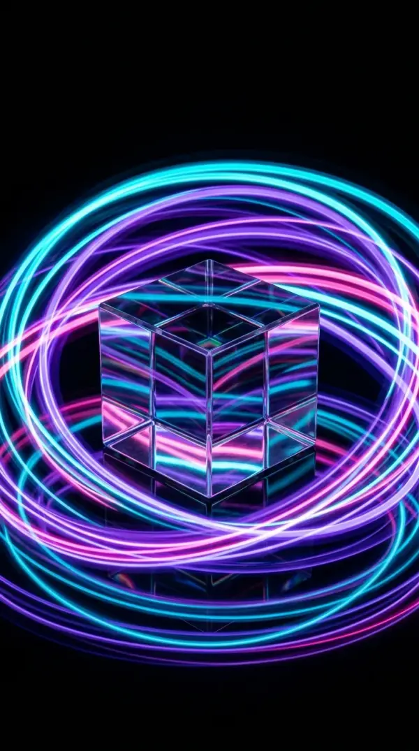 Neon Cube Wallpaper — Glass Block with Glowing Light Rings