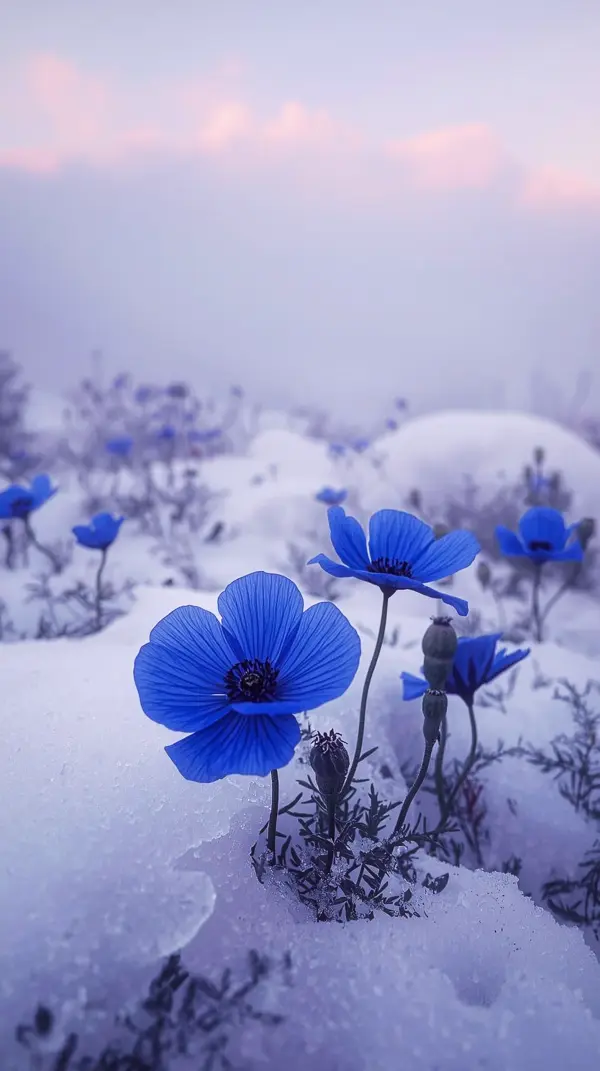 Stunning Blue Flowers in Snow iPhone Wallpaper 4K | Cute 4K Wallpaper for iPhone