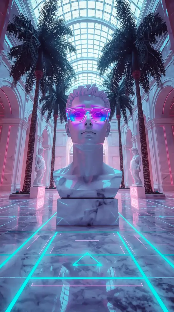 Neon Wallpaper 4K — Marble Bust Neon Glasses