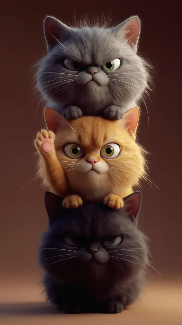 3D Phone Wallpaper — Three Stacked Grumpy Cats 4K