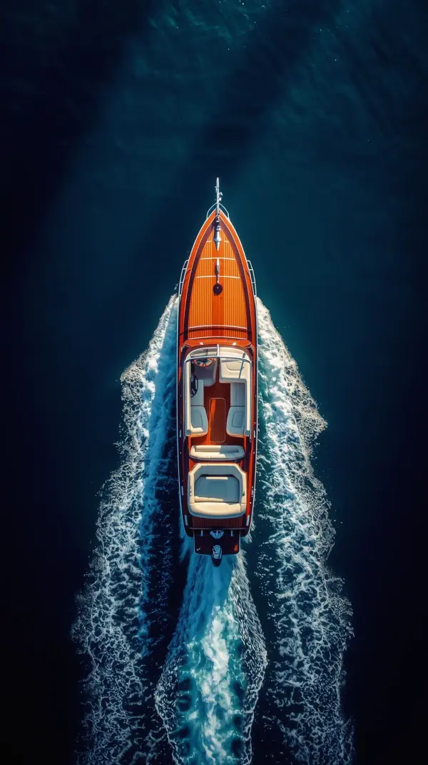Boat Wallpaper 4K — Wooden Speedboat Aerial View