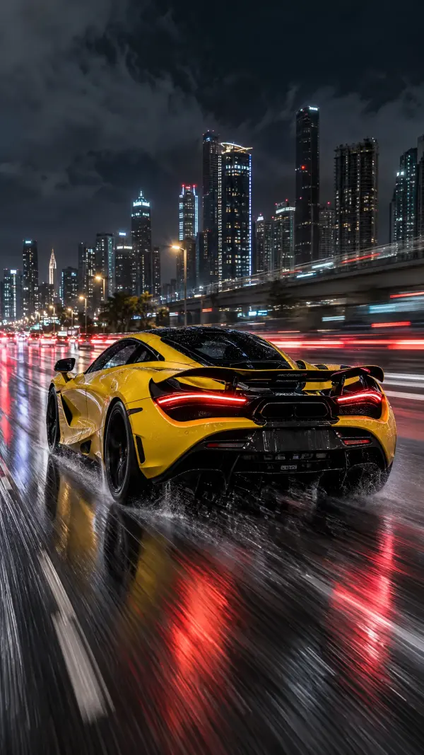 Yellow McLaren Supercar Speeding on Rainy City Highway at Night
