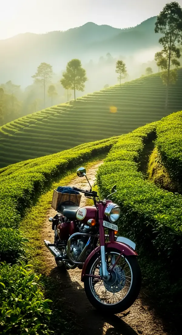 Vintage Motorcycle on Tea Plantation Path: 4K iPhone Wallpaper & Mobile Backgrounds