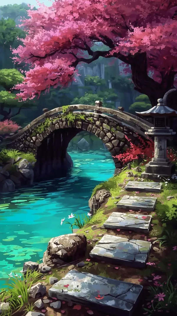 Nature Wallpaper 4K — Japanese Garden Cherry Blossom Bridge