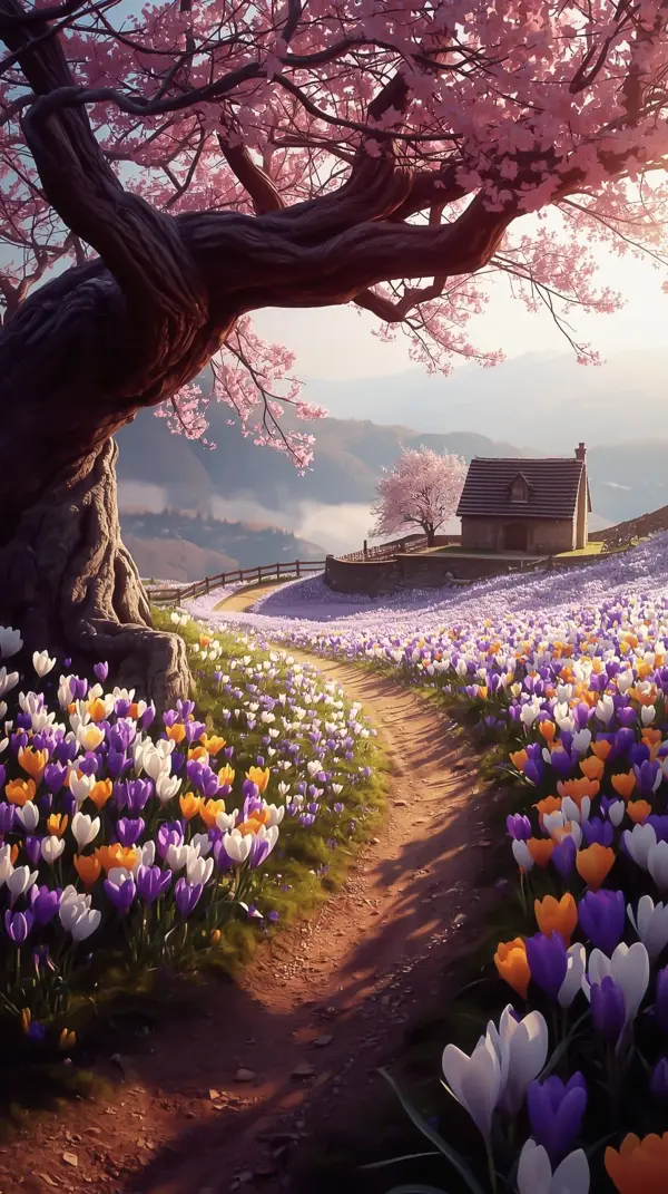 Nature Wallpaper 4K — Cherry Blossom Path and Cottage