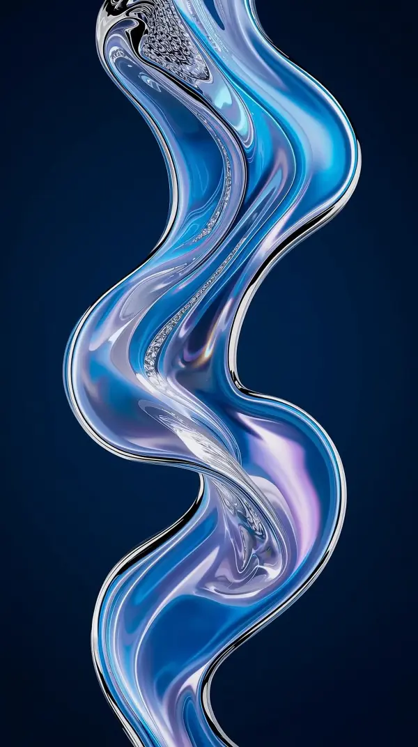4k wallpaper for mobile Iridescent Blue Chrome Liquid Wave, Futuristic Glossy Metallic Ribbon Swirl with Rainbow Reflections on Deep Navy