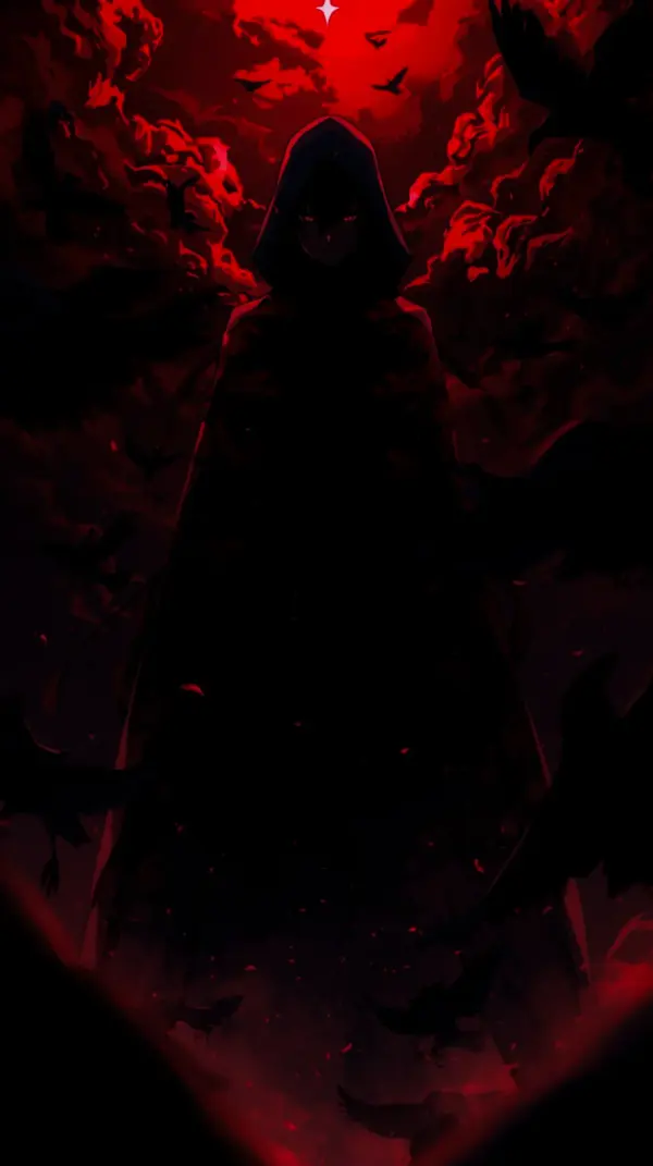 Dark wallpaper 4k for mobile — mysterious hooded figure, red glow