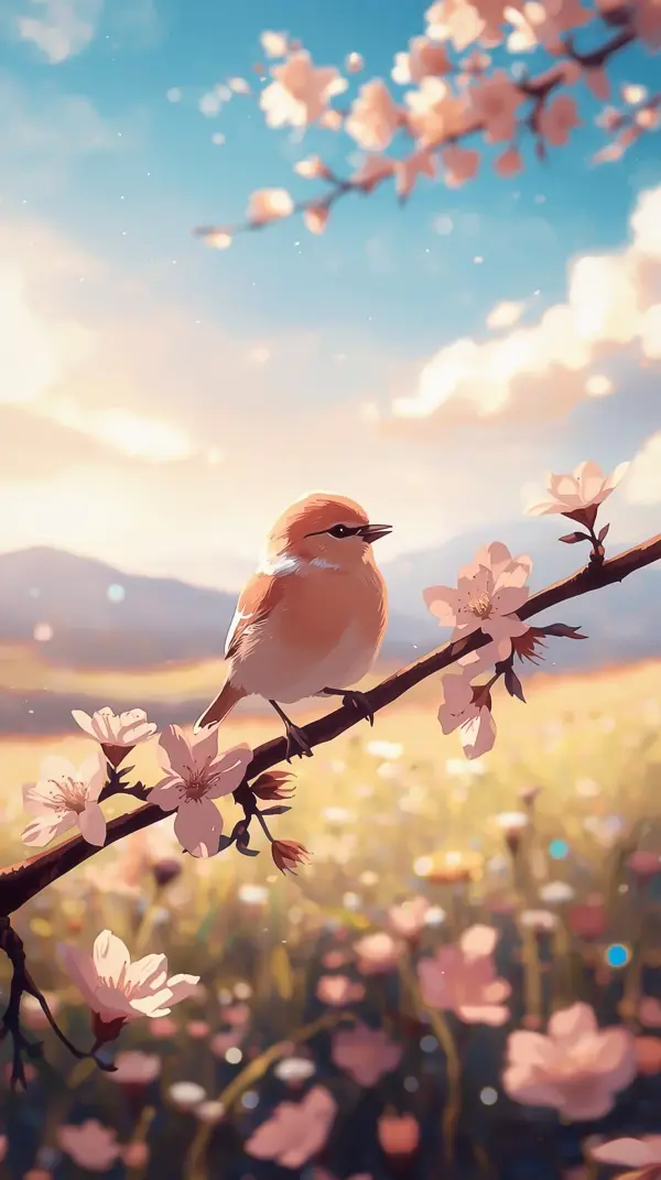 Bird Wallpaper 4K — Small Sparrow on Cherry Blossom Branch