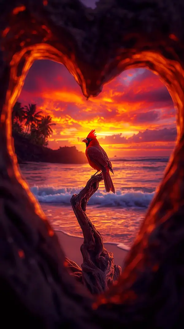 Red Cardinal Sunset Heart iPhone Wallpaper 4k - Cute 4k Wallpaper for iPhone and 4k Wallpaper for Mobile. A stunning iPhone background featuring a tropical beach and 4k backgrounds for phone.