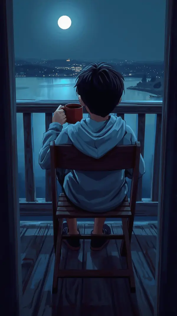 Anime Phone Wallpaper — Boy Drinking Coffee Under Moon