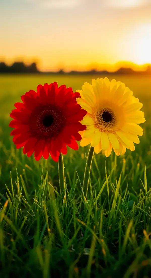 Anime scenery — vibrant red and yellow daisies