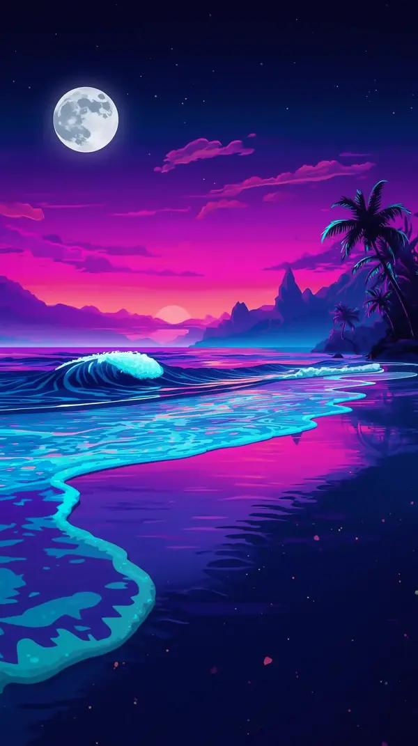 Neon Wallpaper — Vibrant Ocean Moon Palms