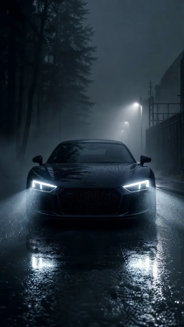 Black Audi R8 Sports Car Parked on Foggy Industrial Alley at Night