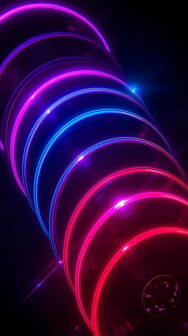 4k wallpaper for mobile Neon Pink Blue Glowing Rings, Futuristic Cyber Light Loops with Radiant Energy Trails on Deep Black Background