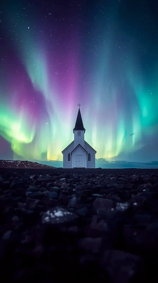 Stunning Aurora Borealis over Church iPhone Wallpaper 4K - A breathtaking 4K wallpaper for mobile, perfect as a wallpaper for phone or cute 4K wallpaper for iPhone. Enhance your screen with this majestic 4K background iPhone.