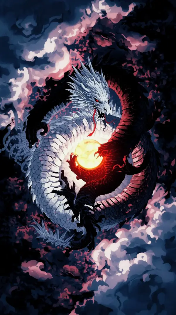Dark anime wallpaper — white red coiled dragon