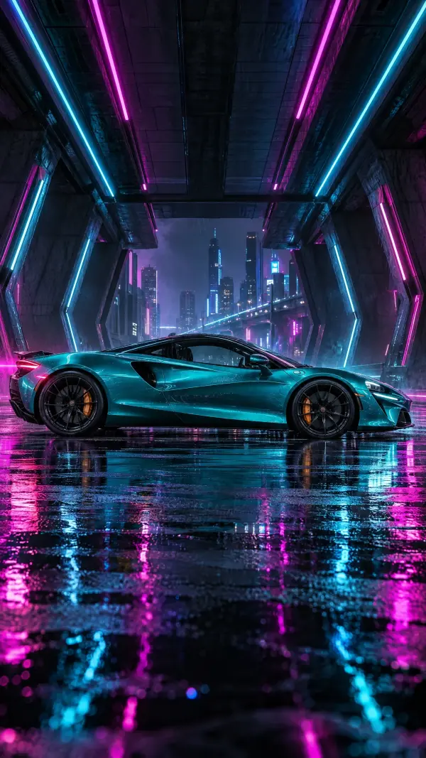 Teal Supercar Under Neon Tunnel in Futuristic Cyberpunk City at Night