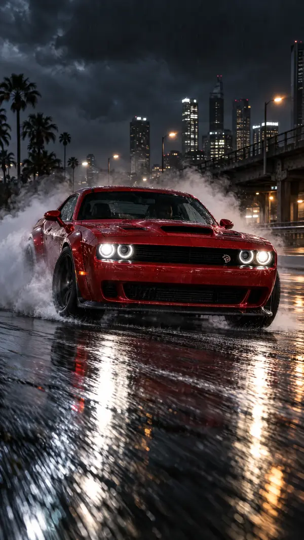 Red Dodge Challenger Hellcat drifting on wet city street