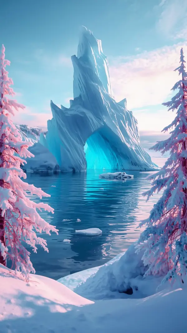 Ice Cavern — Glowing blue archway, pink-dusted pines