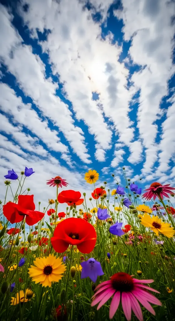Vibrant Flower Field iPhone Wallpaper: A Blooming Meadow with Poppies and Bluebells for Your Phone Background