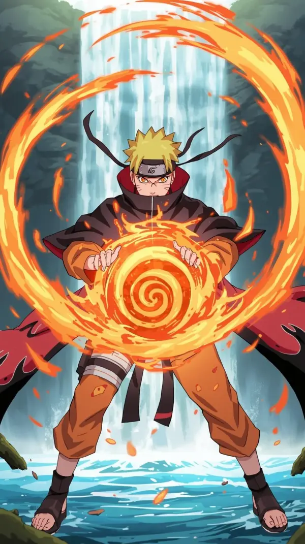 Action anime character performing a powerful fire jutsu with a swirling orange energy orb in front of a massive blue waterfall background.