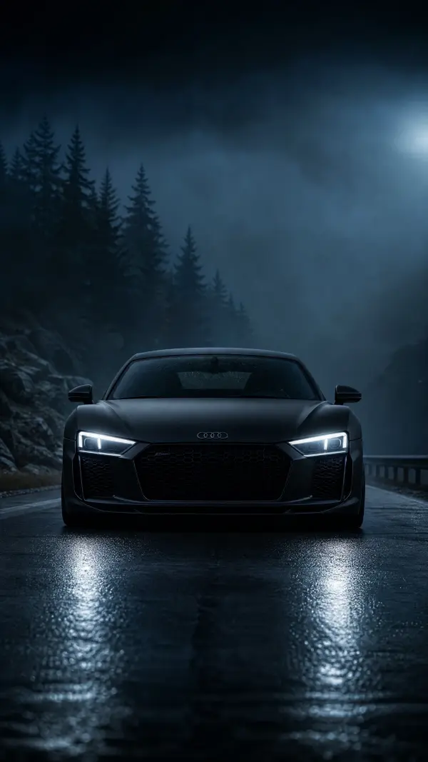 Matte Black Audi R8 Front View on Dark Misty Forest Road at Night