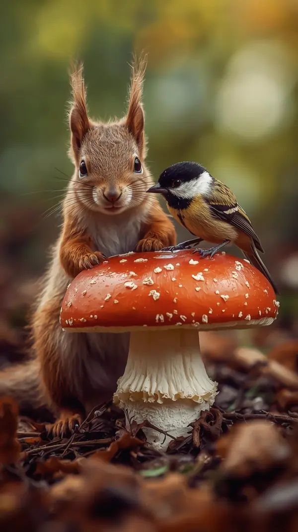 Animal Wallpaper 4K — Squirrel and Bird on Mushroom