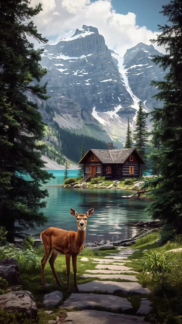Fawn — Young deer by mountain lake and log cabin