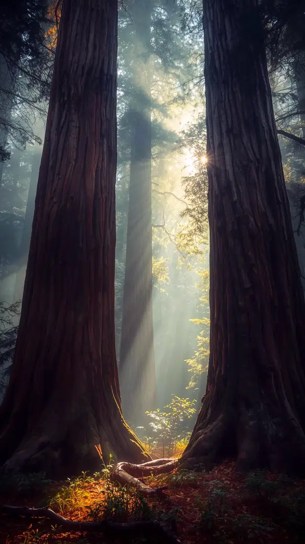 Wallpaper anime nature — misty golden redwoods