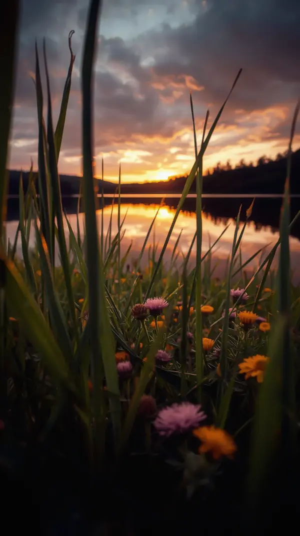 Nature Wallpaper 4K — Lake Sunset Wildflowers