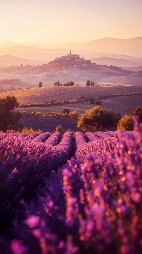 Lavandula — Elevated Structures, Gentle Slopes, Amber Sky