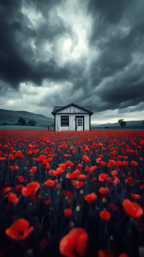 Nature Wallpaper 4K — Small House in Poppy Field