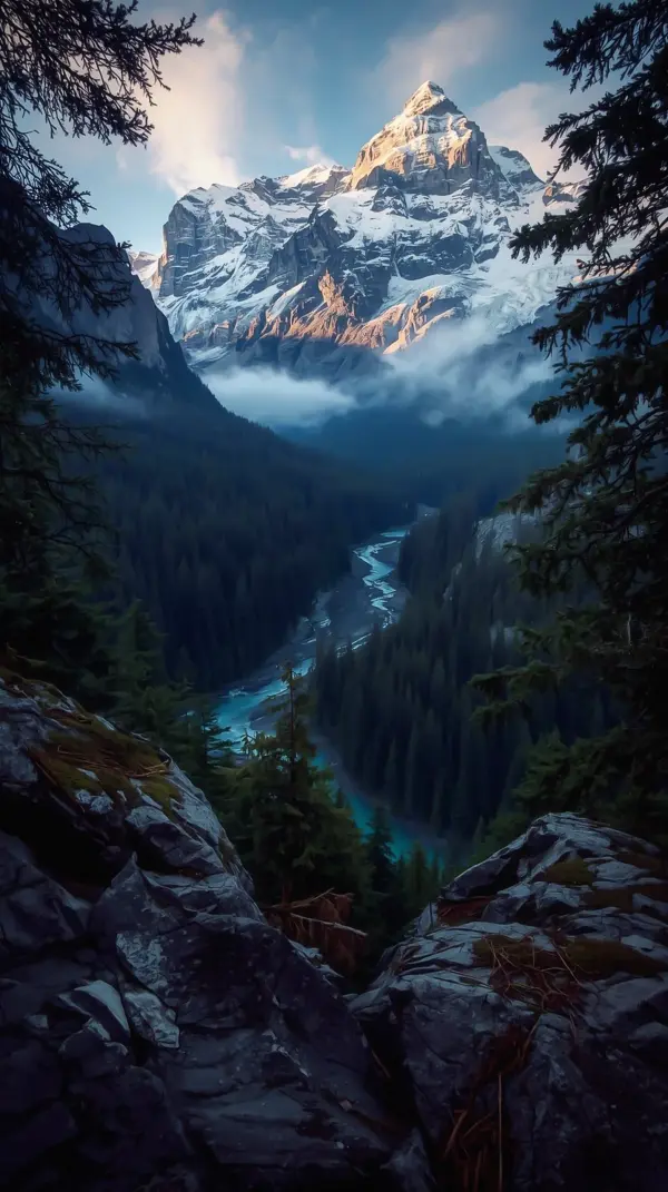 snowy mountain peak under golden light over a dark forest valley with a winding turquoise river
