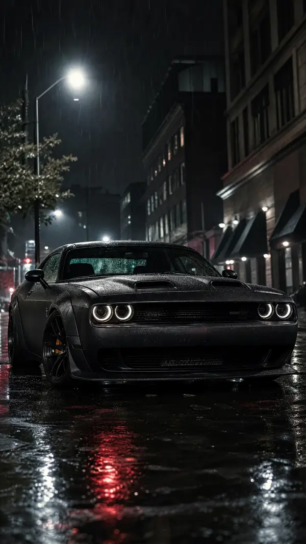 Matte black muscle car parked on a wet city street at night