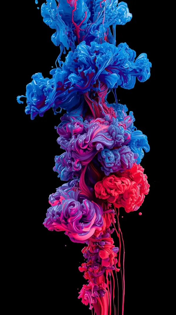 4k wallpaper for mobile Vibrant Blue Pink Ink Cloud Explosion, Psychedelic Fluid Paint Swirls with Neon Red Accents on Black Background