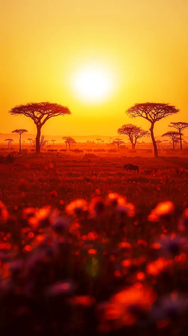 silhouetted acacia trees on an orange african savanna during a bright golden sunset