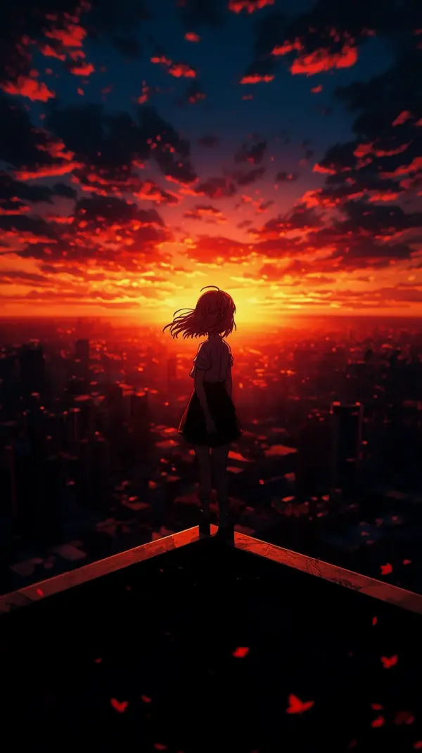 Dramatic Anime Girl Sunset City Wallpaper for Phone – 4K
