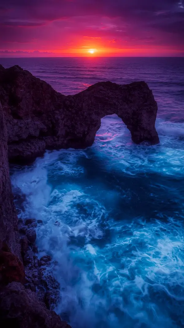 Dramatic Ocean Arch Sunset: A breathtaking 4K iphone wallpaper for mobile, perfect as a wallpaper for phone or a stunning 4k background for iPhone. This cute 4k wallpaper for iphone features a vibrant sunset over a natural rock arch,
