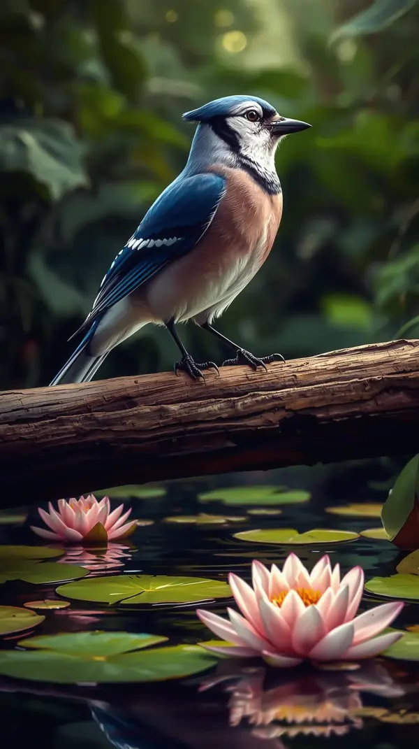 Nature Wallpaper 4K — Blue Jay on Log with Pink Lotus