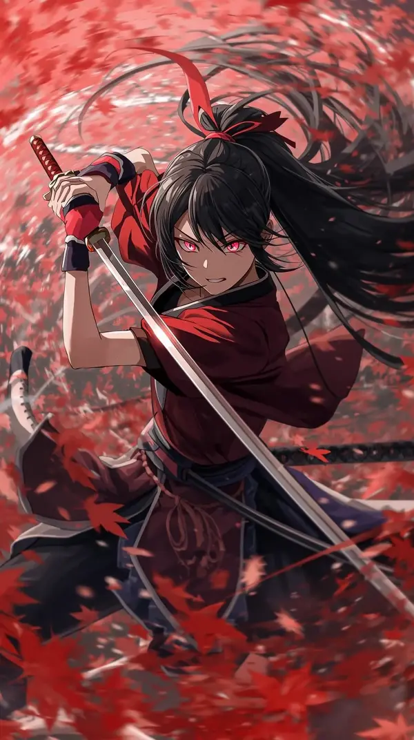4k wallpaper for mobile Fierce Female Swordsman Red Glowing Eyes Long Ponytail Red Ribbon Dramatic Sword Slash Falling Red Leaves Stormy Autumn Sky