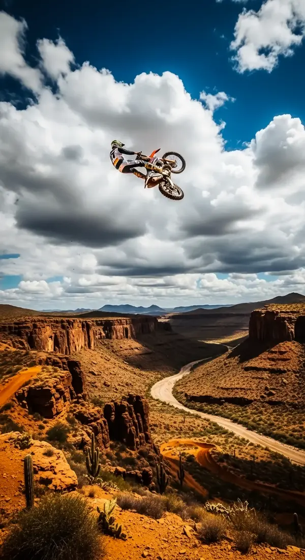 Epic Motocross Jump over Canyon: Dynamic 4K Wallpaper for iPhone & Mobile. Get this thrilling 4k wallpaper for iphone, a perfect phone wallpaper or iphone wallpaper 4k. A truly awesome 4k backgrounds iphone for your device, not just a