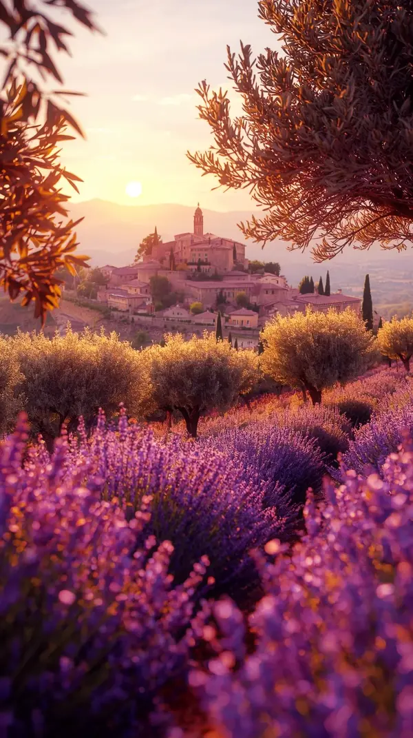 Anime — vibrant lavender field village sunset light