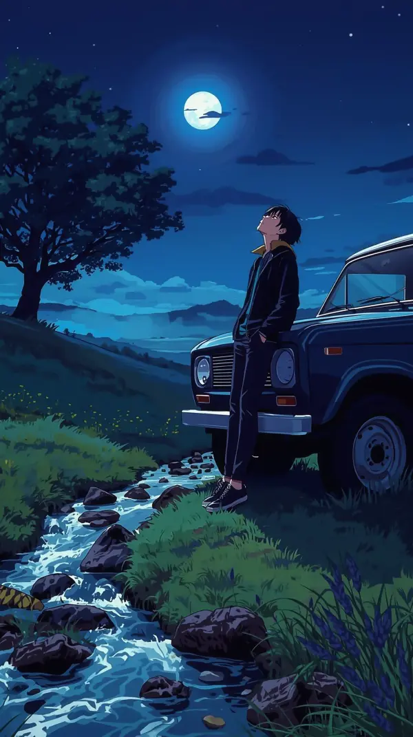 Anime Phone Wallpaper — Boy Under Moonlight With Car