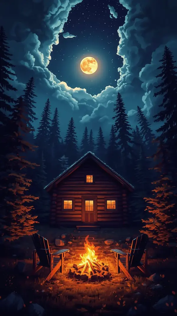 Forest iphone wallpaper — glowing campfire cabin