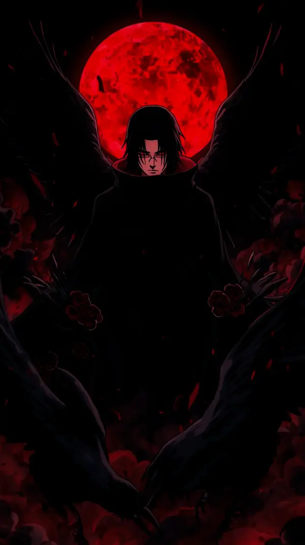 Dark anime wallpaper — intense character red moon black wings