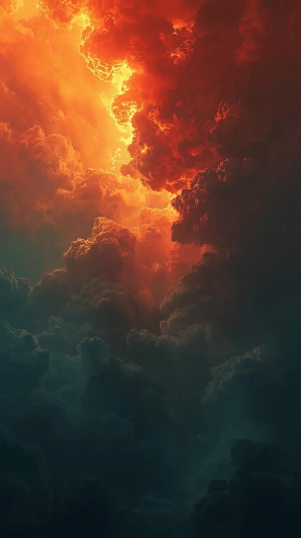 dramatic storm clouds with a bright orange fiery glow at the top and dark teal clouds below