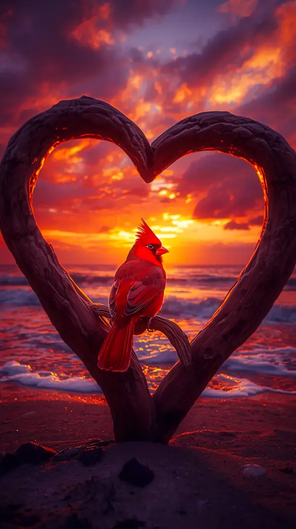 Stunning Red Cardinal on Heart Driftwood at Sunset - A Cute 4K iPhone Wallpaper for Mobile | Perfect 4K Backgrounds for your Phone, a Beautiful 4K Wallpaper for iPhone & Android
