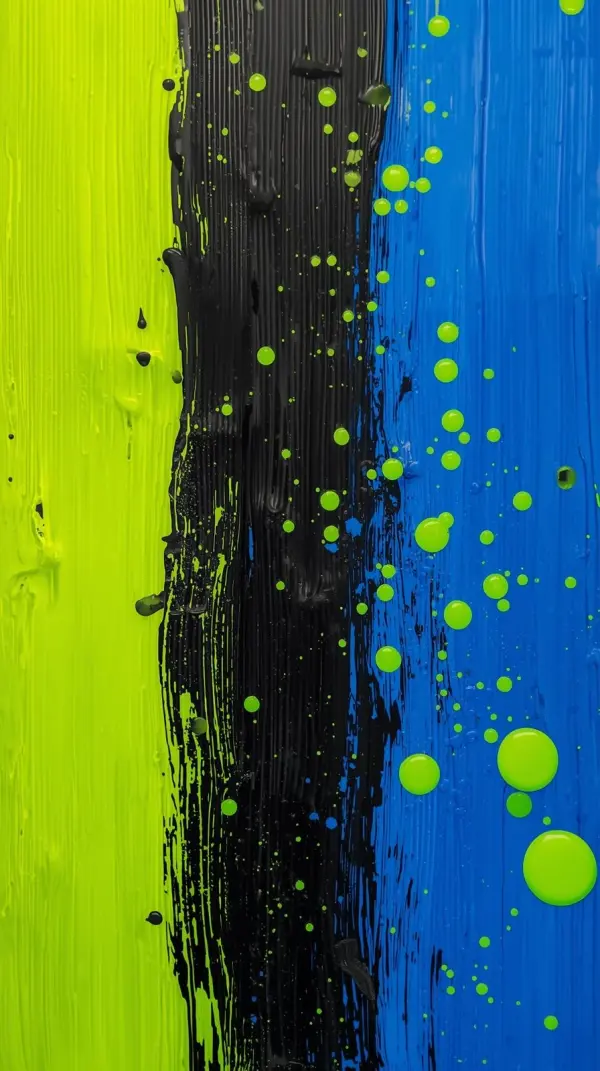 iphone wallpaper 4k Vibrant Neon Abstract Paint Drip Black Lime Green Blue Vertical Streaks Glowing Splatter Glossy Fluid Texture Dark Background