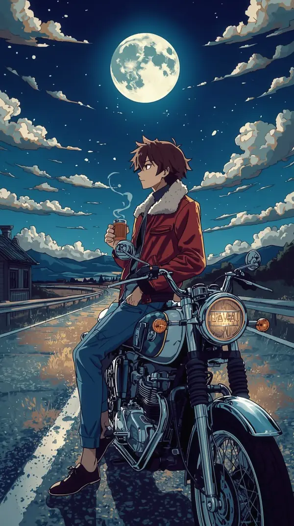 Wallpaper anime mobile — moonlit motorcycle rider
